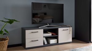 Lowboard Interliving aus Holz in Grau Interliving Jugendzimmer Serie 1701 - Lowboard Dunkelgrau & Sandgrau - zwei Schubladen, eine Tür