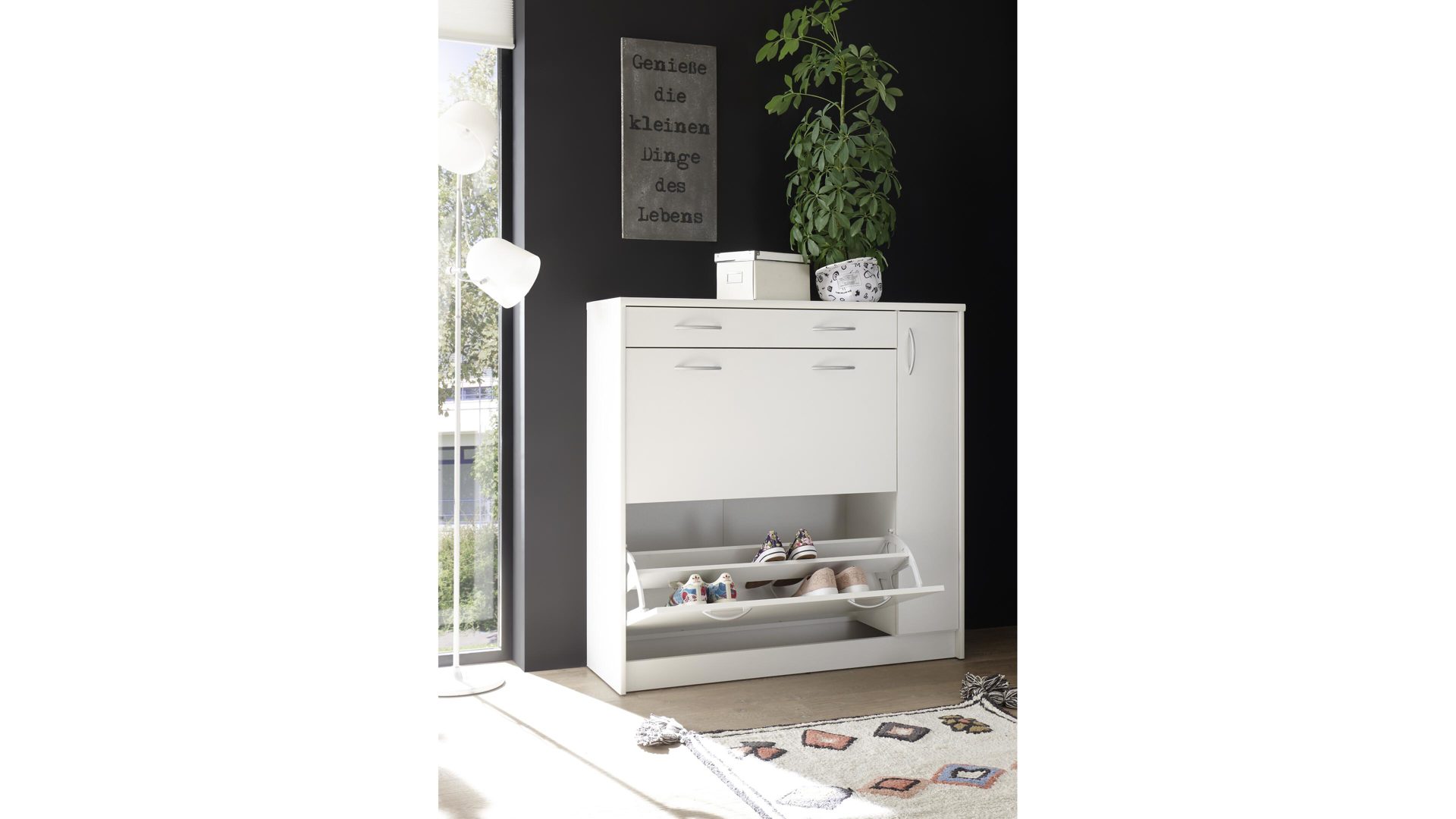 Schuhkipper Bega-consult aus Holz in Weiß Schuhkipper weiße Kunststoffoberflächen – eine Schublade, zwei Klappen,  eine Tür