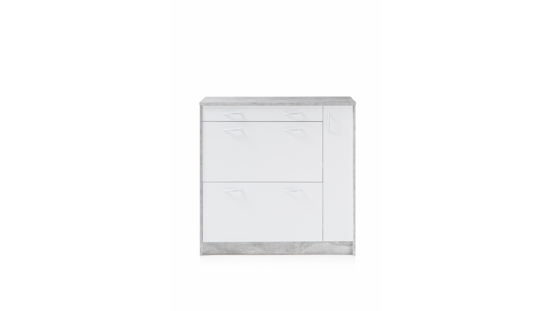 Schuhkipper Bega-consult aus Holz in Grau Schuhkipper betonfarbene & weiße Kunststoffoberflächen – eine Schublade, zwei Klappen,  eine Tür