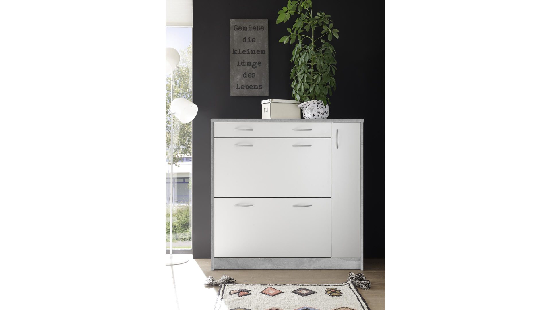 Schuhkipper Bega-consult aus Holz in Grau Schuhkipper betonfarbene & weiße Kunststoffoberflächen – eine Schublade, zwei Klappen,  eine Tür