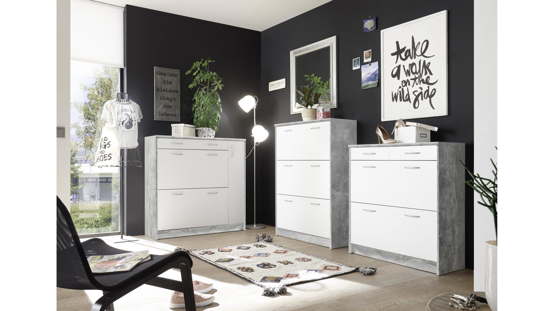 Schuhkipper Bega-consult aus Holz in Grau Schuhkipper betonfarbene & weiße Kunststoffoberflächen – eine Schublade, zwei Klappen,  eine Tür