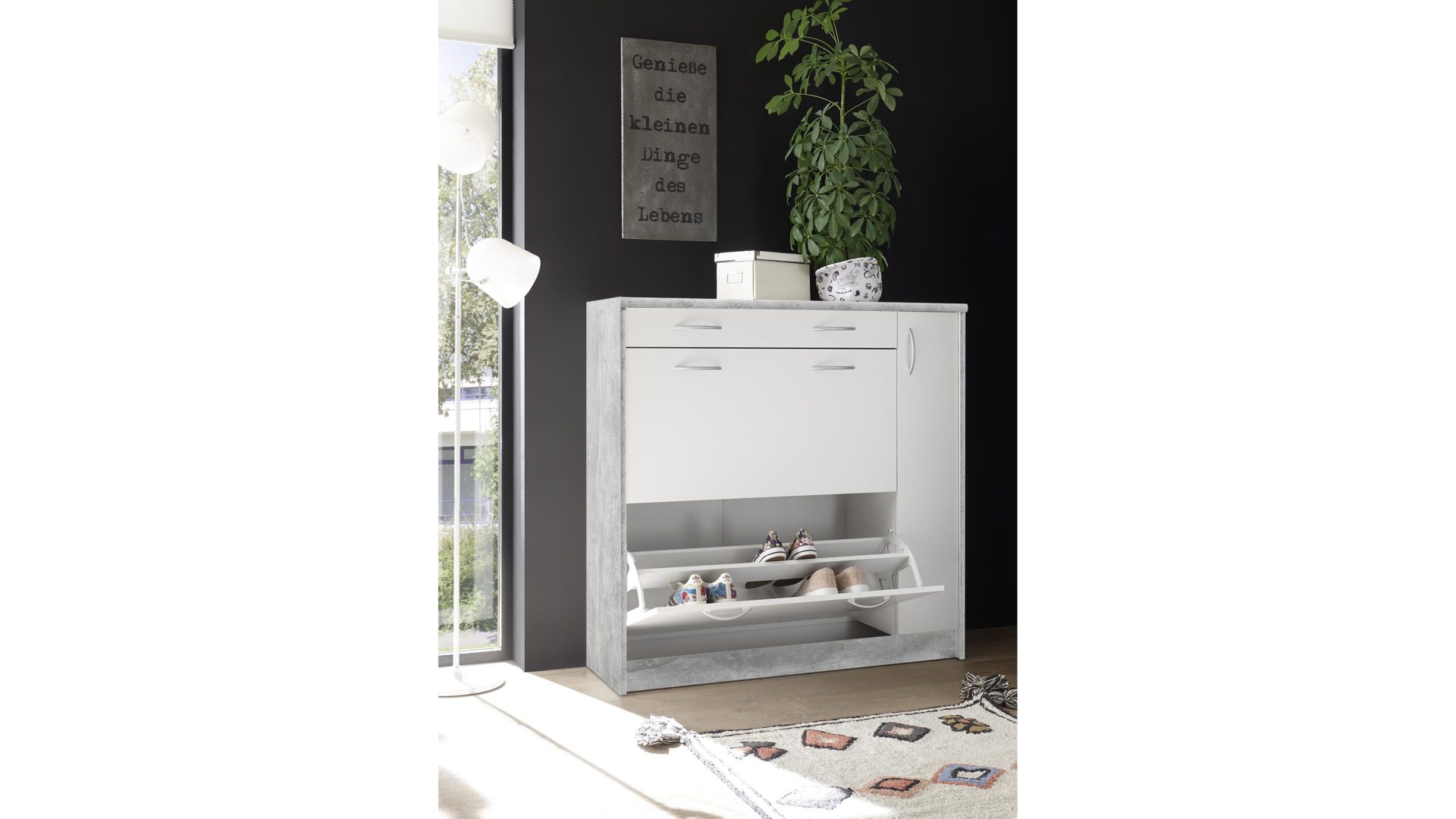 Schuhkipper Bega-consult aus Holz in Grau Schuhkipper betonfarbene & weiße Kunststoffoberflächen – eine Schublade, zwei Klappen,  eine Tür