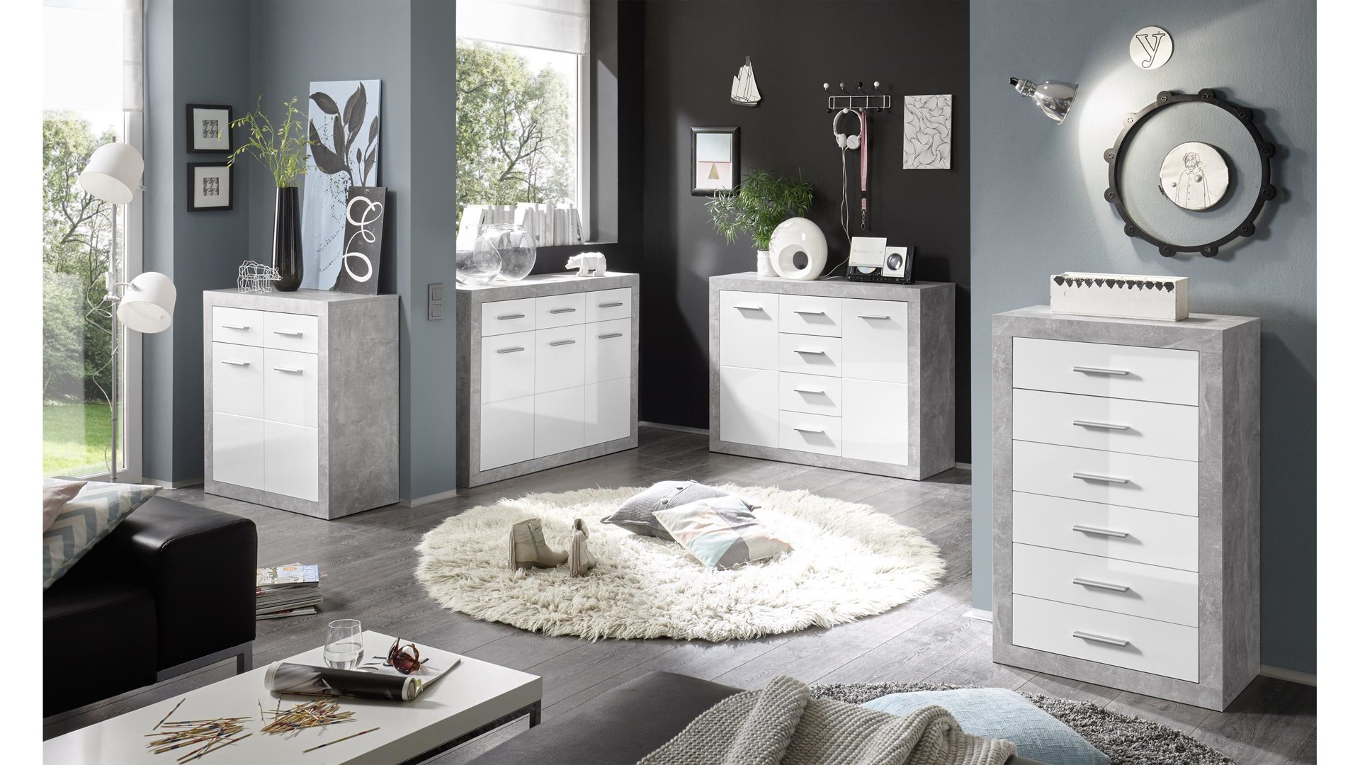 Kombikommode Bega-consult aus Holz in Weiß Kombikommode betonfarbene & weiße Kunststoffoberflächen – zwei Türen, vier Schubladen