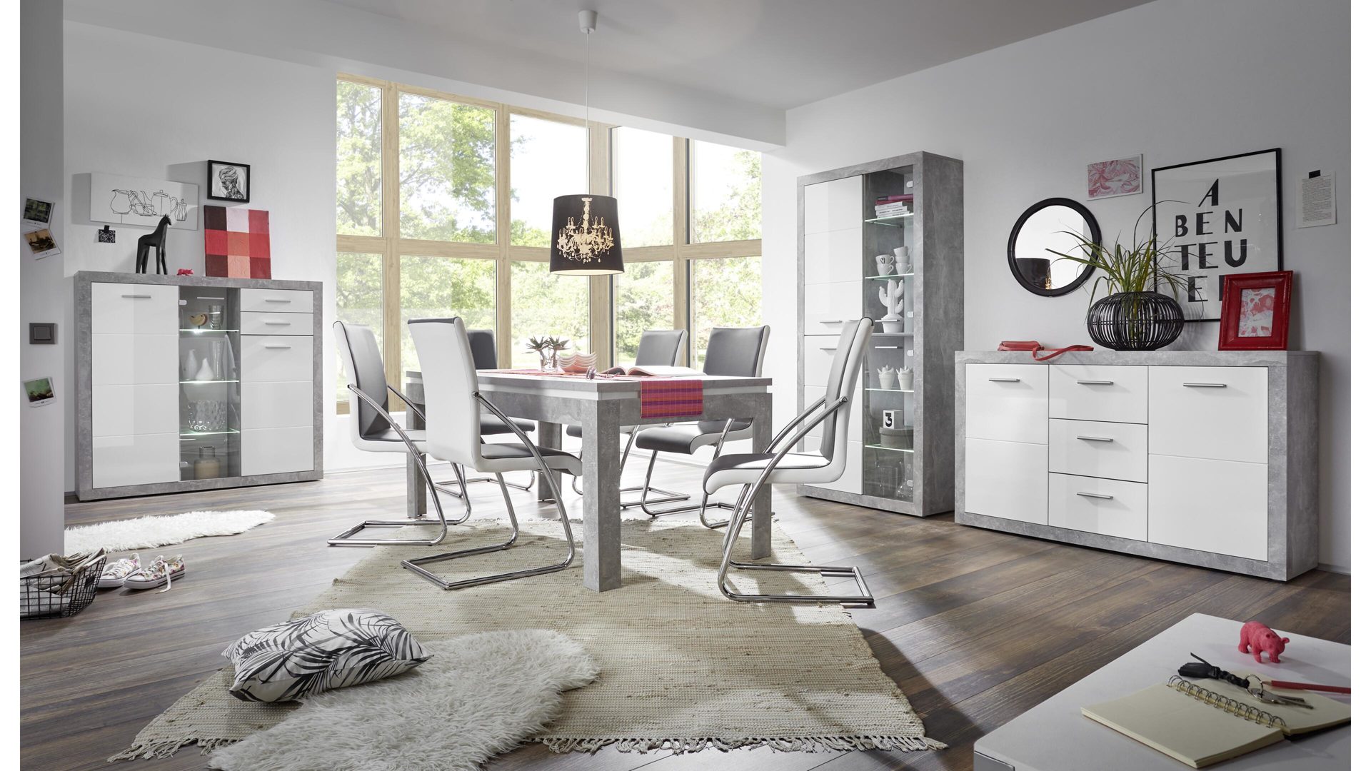 Highboard Bega-consult aus Holz in Weiß Highboard betonfarbene & weiße Kunststoffoberflächen – drei Türen, zwei Schubladen