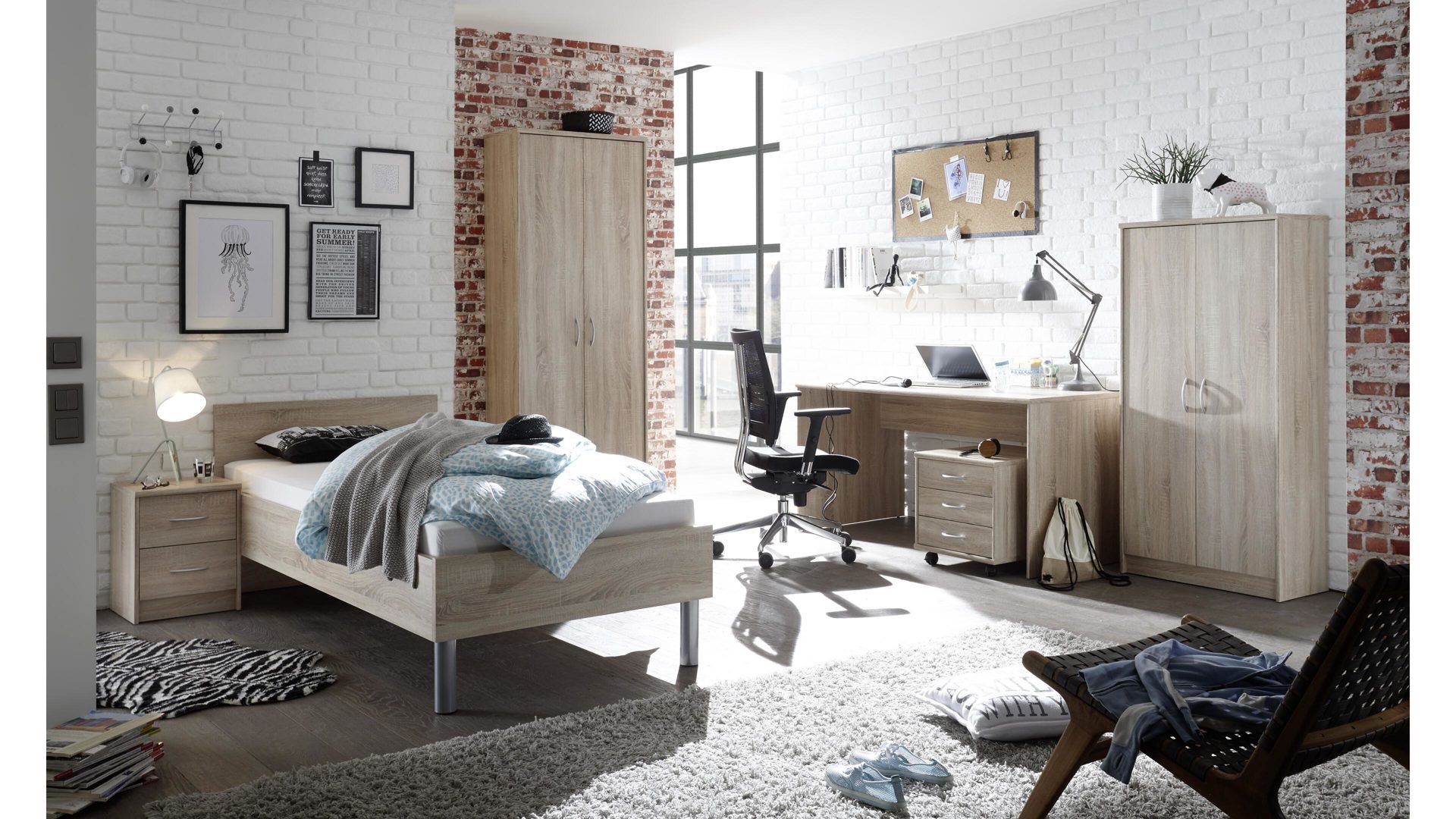 Einzelbett Bega-consult aus Holz in Holzfarben Jugendzimmer-Bettgestell Sonoma eichefarbene Kunststoffoberflächen – Liegefläche ca. 90 x 200 cm