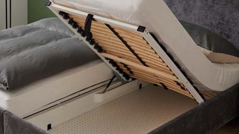 Polsterbett Interliving aus Stoff in Anthrazit Interliving Bettensystem Serie 1420 - Polsterbett anthrazitfarbener Bezug Vera & schwarze Holzfüße W016-15 - Liegefläche ca. 180 x 200 cm