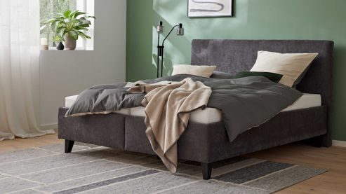 Polsterbett Interliving aus Stoff in Anthrazit Interliving Bettensystem Serie 1420 - Polsterbett anthrazitfarbener Bezug Vera & schwarze Holzfüße W016-15 - Liegefläche ca. 180 x 200 cm