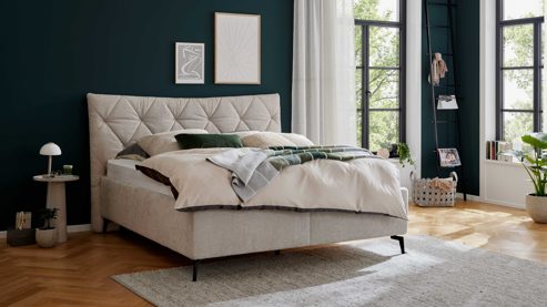 Polsterbett Interliving aus Stoff in Creme Interliving Bettensystem Serie 1420 - Polsterbett naturfarbener Bezug Harry &  & schwarze Metallfüße W010-15 M01 - Liegefläche ca. 180 x 200 cm