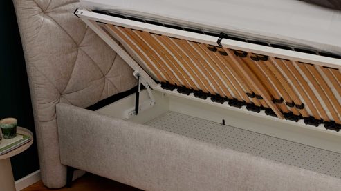 Polsterbett Interliving aus Stoff in Creme Interliving Bettensystem Serie 1420 - Polsterbett naturfarbener Bezug Harry &  & schwarze Metallfüße W010-15 M01 - Liegefläche ca. 180 x 200 cm