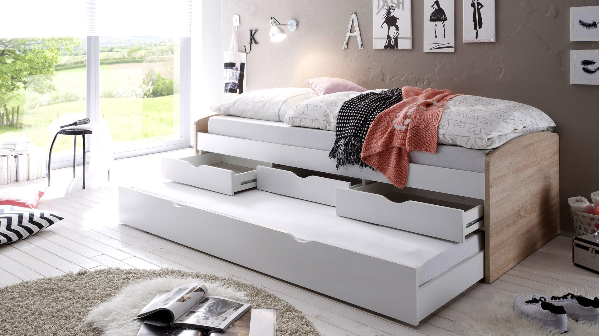 Funktionsbett Pol-power aus Holz in Holzfarben Funktionsbettgesell Sonoma eichefarbene & weiße Kunststoffoberflächen – Liegefläche ca. 90 x 200 cm