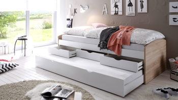 Funktionsbett Pol-power aus Holz in Holzfarben Funktionsbettgesell Sonoma eichefarbene & weiße Kunststoffoberflächen – Liegefläche ca. 90 x 200 cm