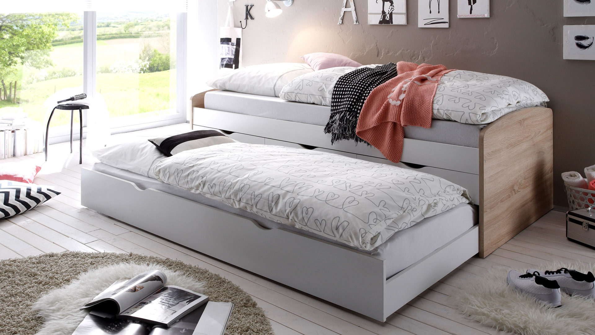 Funktionsbett Pol-power aus Holz in Holzfarben Funktionsbettgesell Sonoma eichefarbene & weiße Kunststoffoberflächen – Liegefläche ca. 90 x 200 cm