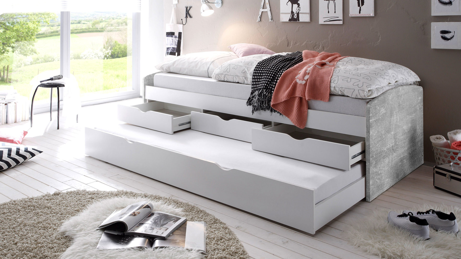 Funktionsbett Pol-power aus Holz in Grau Funktionsbettgesell betonfarbene & weiße Kunststoffoberflächen – Liegefläche ca. 90 x 200 cm