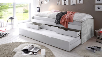 Funktionsbett Pol-power aus Holz in Grau Funktionsbettgesell betonfarbene & weiße Kunststoffoberflächen – Liegefläche ca. 90 x 200 cm