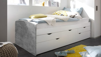 Funktionsbett Pol-power aus Holz in Grau Funktionsbettgesell betonfarbene & weiße Kunststoffoberflächen – Liegefläche ca. 90 x 200 cm