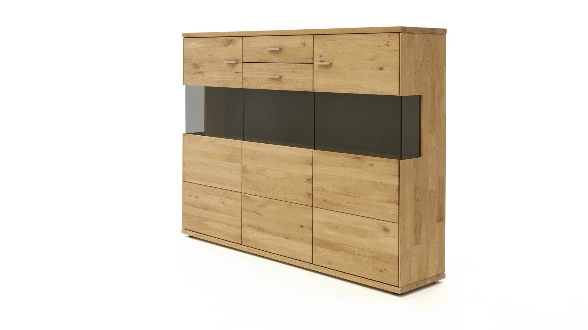 Highboard Decker aus Holz in Holzfarben Highboard biancofarbene Wildeiche & Parsolglas – drei Türen, eine Schublade