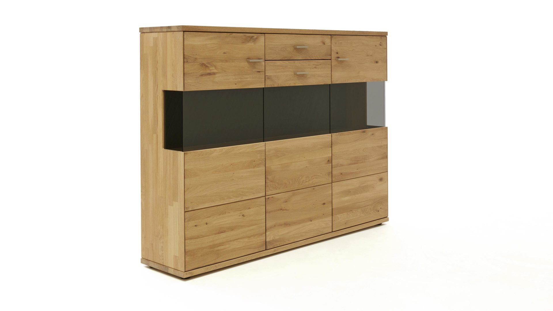 Highboard Decker aus Holz in Holzfarben Highboard biancofarbene Wildeiche & Parsolglas – drei Türen, eine Schublade