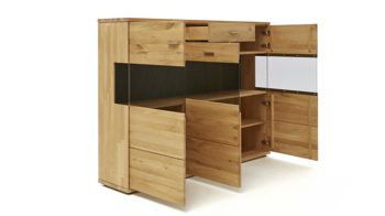 Highboard Decker aus Holz in Holzfarben Highboard biancofarbene Wildeiche & Parsolglas – drei Türen, eine Schublade
