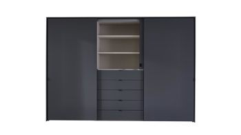 Kleiderschrank Staud aus Glas in Grau STAUD Schwebetürenschrank Media mit TV-Nische Vulkan – drei Türen, fünf Schubladen, Breite ca. 336 cm