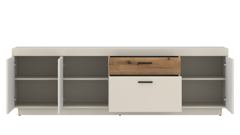 Lowboard Wojcik aus Holz in Beige Eiche Hell Wohnprogramm Lightning - Lowboard Cashmere & Coast Evoke Eiche - Breite ca. 200 cm