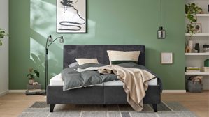 Polsterbett Interliving aus Stoff in Anthrazit Interliving Bettensystem Serie 1420 - Polsterbett anthrazitfarbener Bezug Vera & schwarze Holzfüße W016-15 - Liegefläche ca. 180 x 200 cm