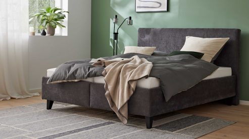 Polsterbett Interliving aus Stoff in Anthrazit Interliving Bettensystem Serie 1420 - Polsterbett anthrazitfarbener Bezug Vera & schwarze Holzfüße W016-15 - Liegefläche ca. 180 x 200 cm