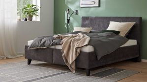 Polsterbett Interliving aus Stoff in Anthrazit Interliving Bettensystem Serie 1420 - Polsterbett anthrazitfarbener Bezug Vera & schwarze Holzfüße W016-15 - Liegefläche ca. 180 x 200 cm