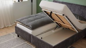 Polsterbett Interliving aus Stoff in Anthrazit Interliving Bettensystem Serie 1420 - Polsterbett anthrazitfarbener Bezug Vera & schwarze Holzfüße W016-15 - Liegefläche ca. 180 x 200 cm