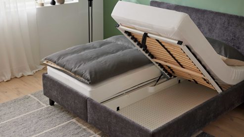 Polsterbett Interliving aus Stoff in Anthrazit Interliving Bettensystem Serie 1420 - Polsterbett anthrazitfarbener Bezug Vera & schwarze Holzfüße W016-15 - Liegefläche ca. 180 x 200 cm