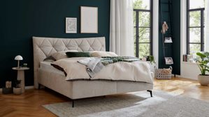 Polsterbett Interliving aus Stoff in Creme Interliving Bettensystem Serie 1420 - Polsterbett naturfarbener Bezug Harry & schwarze Metallfüße W010-15 M01 - Liegefläche ca. 180 x 200 cm