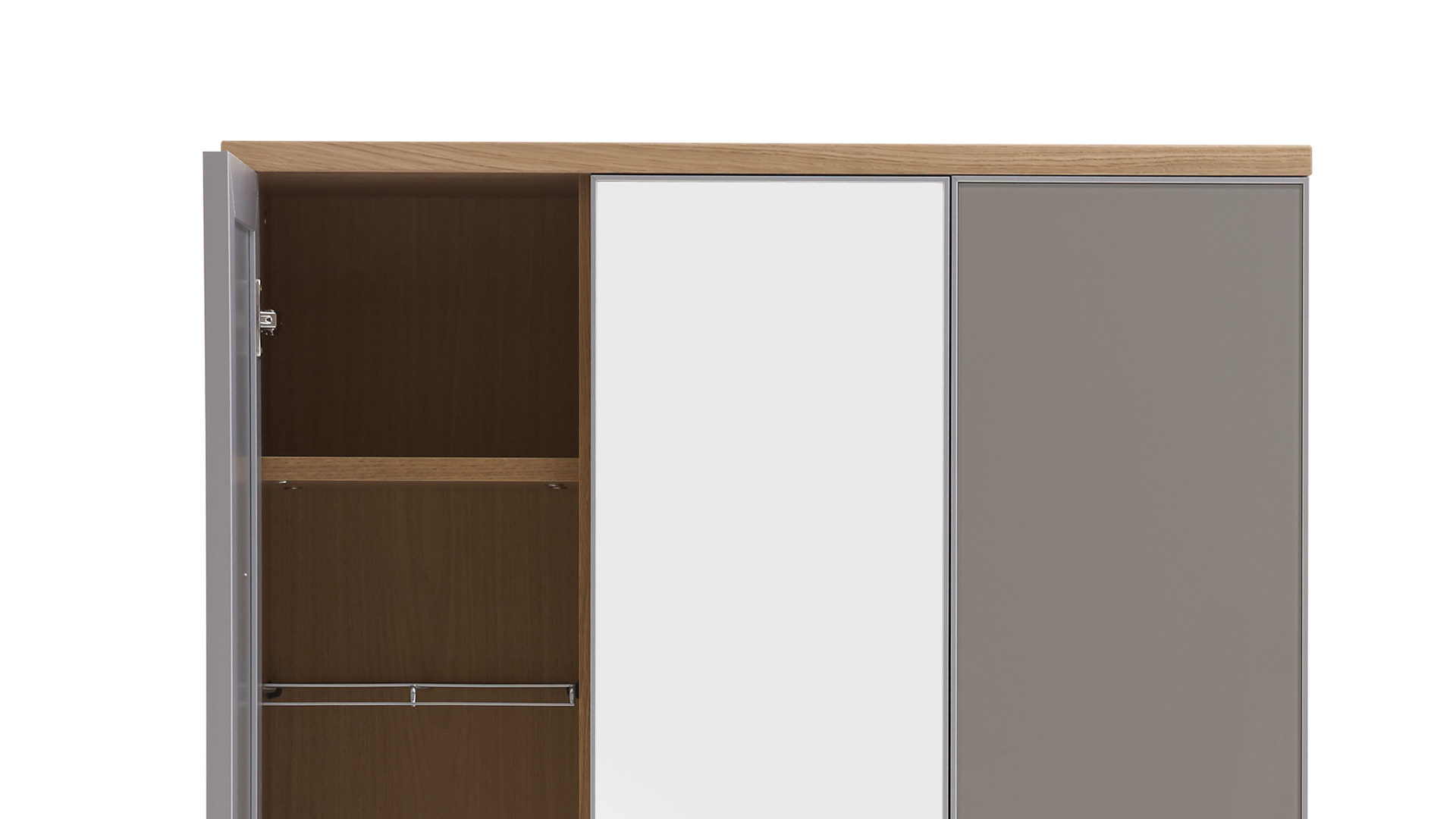 Garderobenschrank Voss möebel aus Glas in Grau VOSS MÖBEL Garderobenschrank Santina als Dielenmöbel Eiche Bianco & taupefarbenes Glas – drei Türen