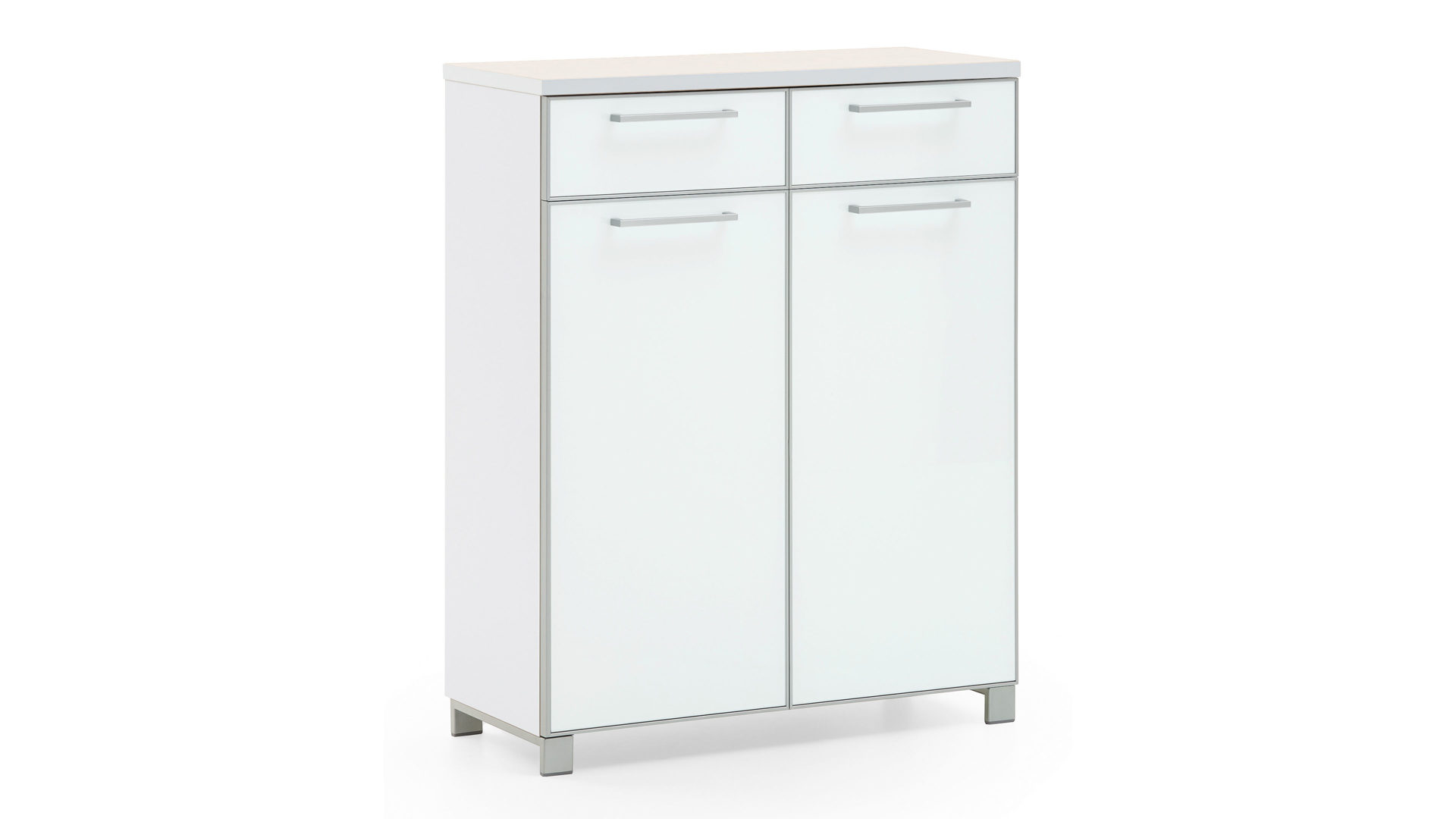 Schuhschrank Voss möebel aus Glas in Weiß VOSS MÖBEL Schuhschrank Santina als Dielenmöbel Eiche Bianco & weißes Glas – zwei Schubladen, zwei Türen