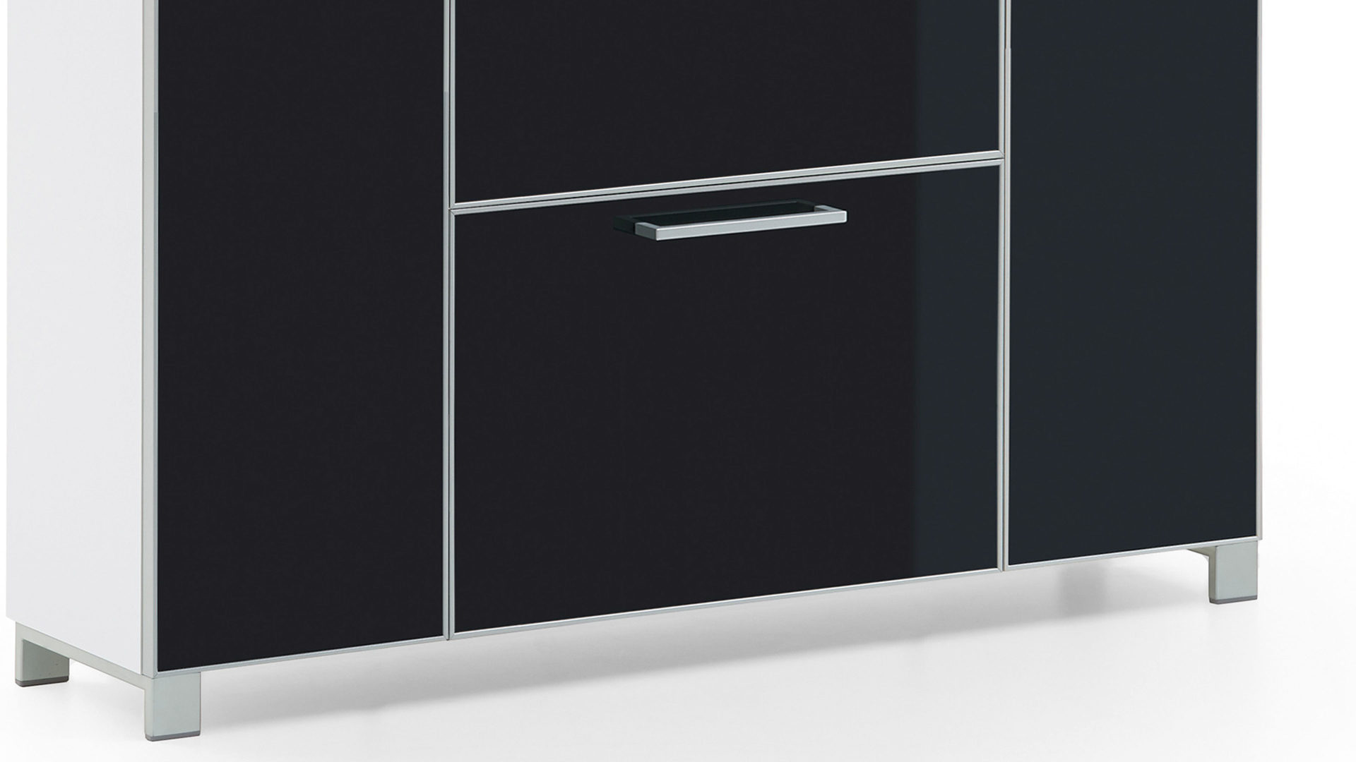 Schuhschrank Voss möebel aus Glas in Schwarz VOSS MÖBEL Schuhschrank Santina als Dielenmöbel Eiche Bianco & anthrazitfarbenes Glas – eine Schublade, vier Türen