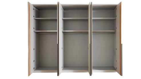 Kleiderschrank Interliving aus Holz in Hellgrau Interliving Schlafzimmer Serie 1035 – Kleiderschrank Champagner & Riffholz - sechs Türen, ca. 300 cm