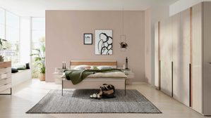 Komplettzimmer Interliving aus Holz in Hellgrau Interliving Schlafzimmer Serie 1035 – Komplettzimmer mit Bettanlage und Kommode Champagner & Riffholz - Liegefläche ca. 180 x 200 cm