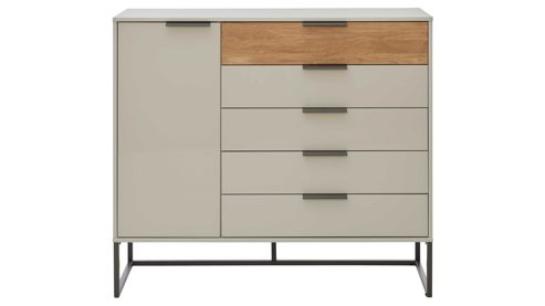 Kombikommode Interliving aus Holz in Hellgrau Interliving Schlafzimmer Serie 1035 – Kombikommode Champagner & Riffholz - eine Tür, fünf Schubladen, ca. 120 cm