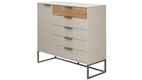 Kombikommode Interliving aus Holz in Hellgrau Interliving Schlafzimmer Serie 1035 – Kombikommode Champagner & Riffholz - eine Tür, fünf Schubladen, ca. 120 cm