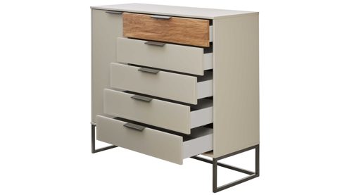 Kombikommode Interliving aus Holz in Hellgrau Interliving Schlafzimmer Serie 1035 – Kombikommode Champagner & Riffholz - eine Tür, fünf Schubladen, ca. 120 cm