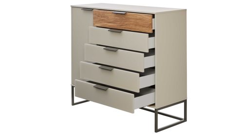 Komplettzimmer Interliving aus Holz in Hellgrau Interliving Schlafzimmer Serie 1035 – Komplettzimmer mit Polster-Bettanlage und Kommode Webstoff Sahara, Champagner & Riffholz - Liegefläche ca. 180 x 200 cm