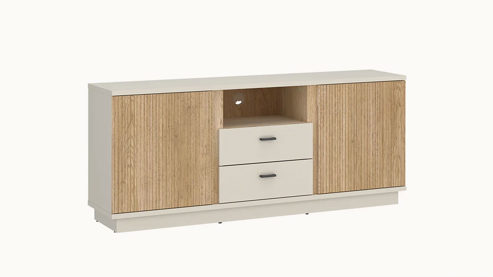 Lowboard Wojcik aus Holz in Beige Wohnprogramm Mosano - Lowboard Cashmere & Cremona Eiche - ca. 150 x 70-65 cm