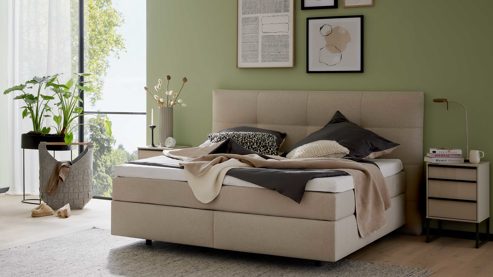 Boxspringbett Interliving aus Stoff in Beige Interliving Boxspringbett Serie 1421 leinenfarbener Stoffbezug Kolga 110 - Liegefläche ca. 180 x 200 cm