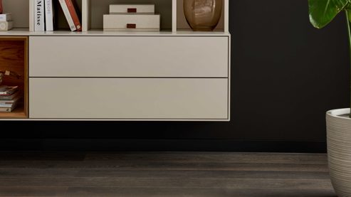 Lowboard Interliving aus Holz in Beige Interliving Wohnzimmer Serie 2034 - Lowboard beiger Lack & Eiche - vier Schubladen, eine Tür, Länge ca. 270 cm