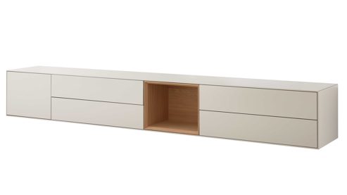 Lowboard Interliving aus Holz in Beige Interliving Wohnzimmer Serie 2034 - Lowboard beiger Lack & Eiche - vier Schubladen, eine Tür, Länge ca. 270 cm