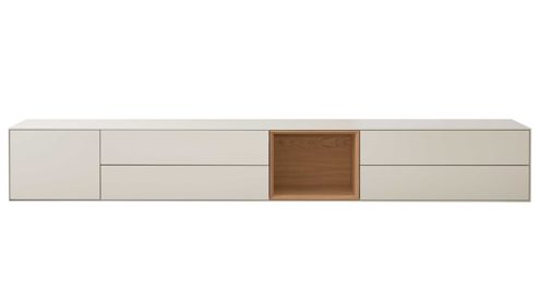 Lowboard Interliving aus Holz in Beige Interliving Wohnzimmer Serie 2034 - Lowboard beiger Lack & Eiche - vier Schubladen, eine Tür, Länge ca. 270 cm