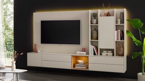 Wohnwand Interliving aus Holz in Creme Interliving Wohnzimmer Serie 2034 - Wohnwand beiger Lack - zweiteilig, Länge ca. 270 cm