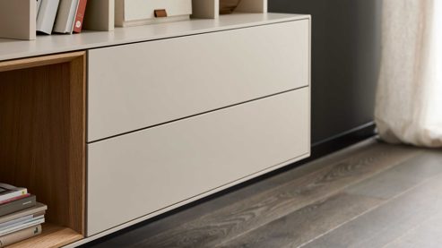 Wohnwand Interliving aus Holz in Beige Interliving Wohnzimmer Serie 2034 - Wohnwand beiger Lack & Eiche - zweiteilig, Länge ca. 270 cm