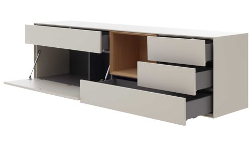 Sideboard Interliving aus Holz in Beige Interliving Wohnzimmer Serie 2034 - Sideboard beiger Lack & Eiche - vier Schubladen, eine Klapptür, Länge ca. 200 cm