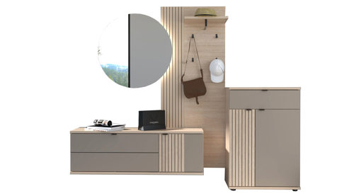 Garderoben-Set Innostyle aus Holz in Holzfarben Garderobenprogramm Pisa - Komplett-Set Basalt & Riva Eiche, Leistenoptik - vierteilig
