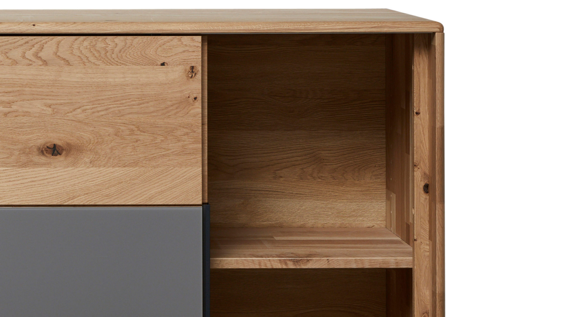 Türenkommode Interliving aus Holz in Grau Interliving Schlafzimmer Serie 1015 – Kommode 2167 sienafarbenes Mattglas & Wildeiche – zwei Schiebetüren