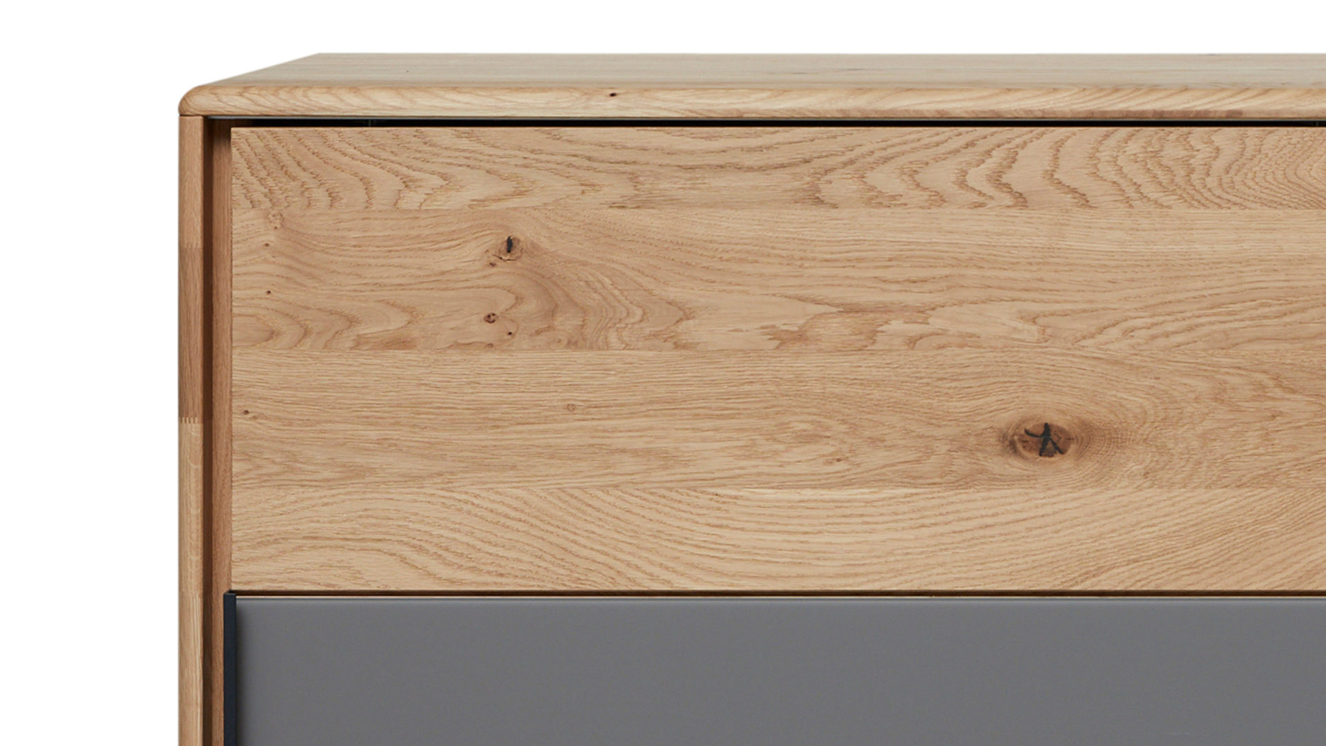 Türenkommode Interliving aus Holz in Grau Interliving Schlafzimmer Serie 1015 – Kommode 2167 sienafarbenes Mattglas & Wildeiche – zwei Schiebetüren